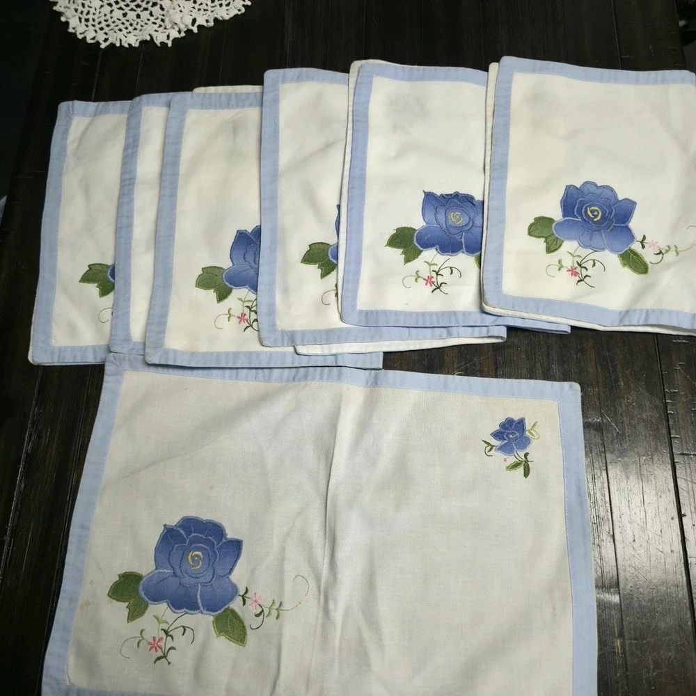 MCM Hand Embroidered Blue Rose Placemats Cotton Linen Table Linens Set of 7